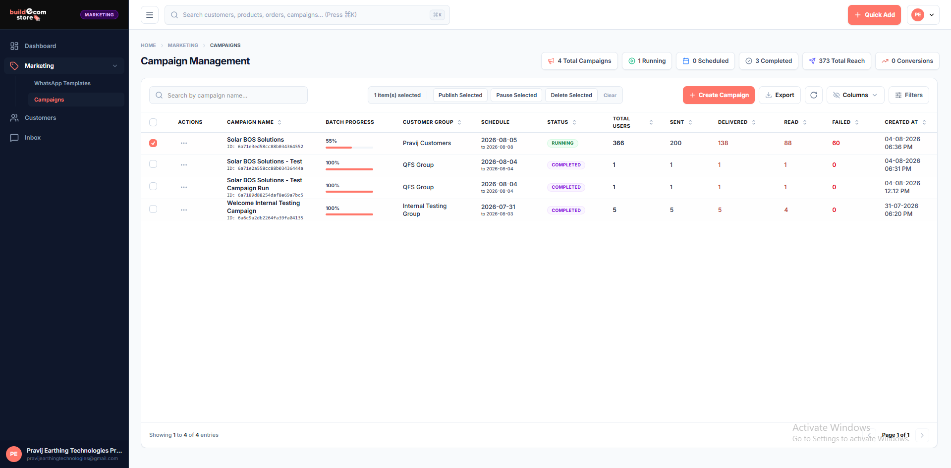 Campaign management screen